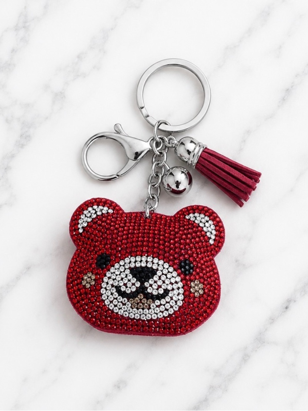 Red Rhinestoned Bear Bag Charm/Keyring on Silver Hardware